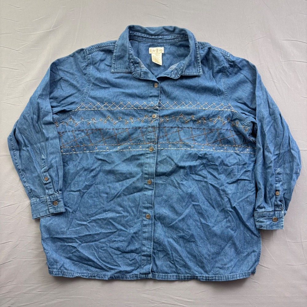 Bobbie Brooks Woman Blue Denim Embroidered Button Down Shirt Plus 22W 24W Cotton